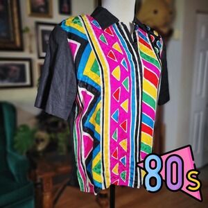 Vintage 80s ADRIANNA PAPELL Womens Multicolor Geometric Silk Blend Shirt 10